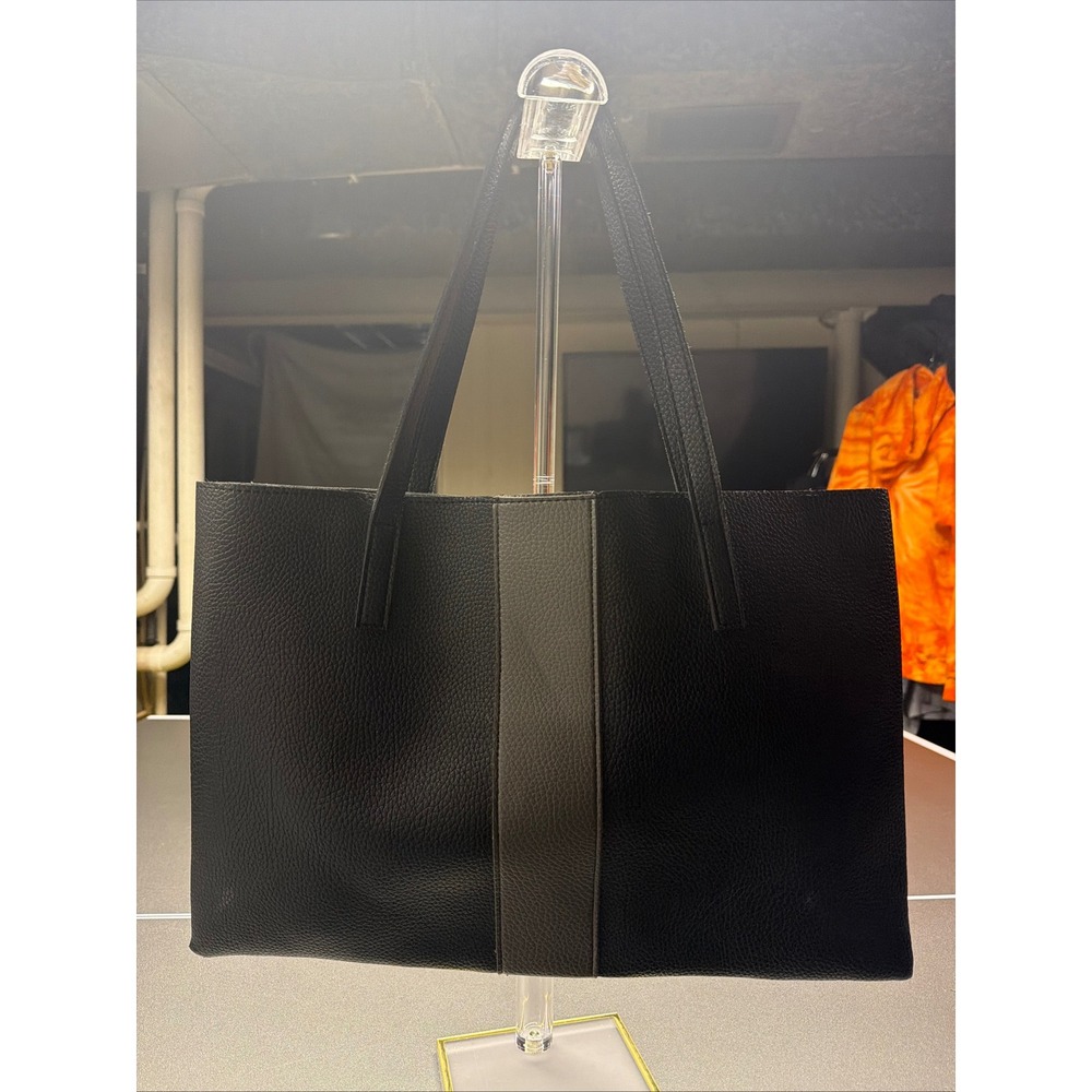 Vince Camuto Vegan Pebbled Leather Laptop Work‎ Tote Bag Black with Gray Stripe
